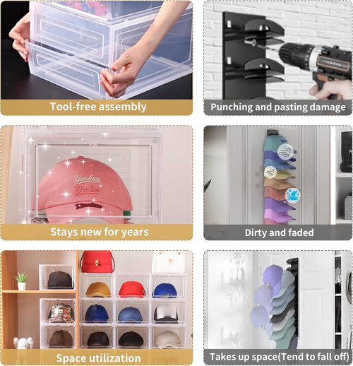 Attelite Hat Organizer - Stackable Baseball Cap Storage Box with Transparent Magnetic Door | Set of 6, Easy Assembly