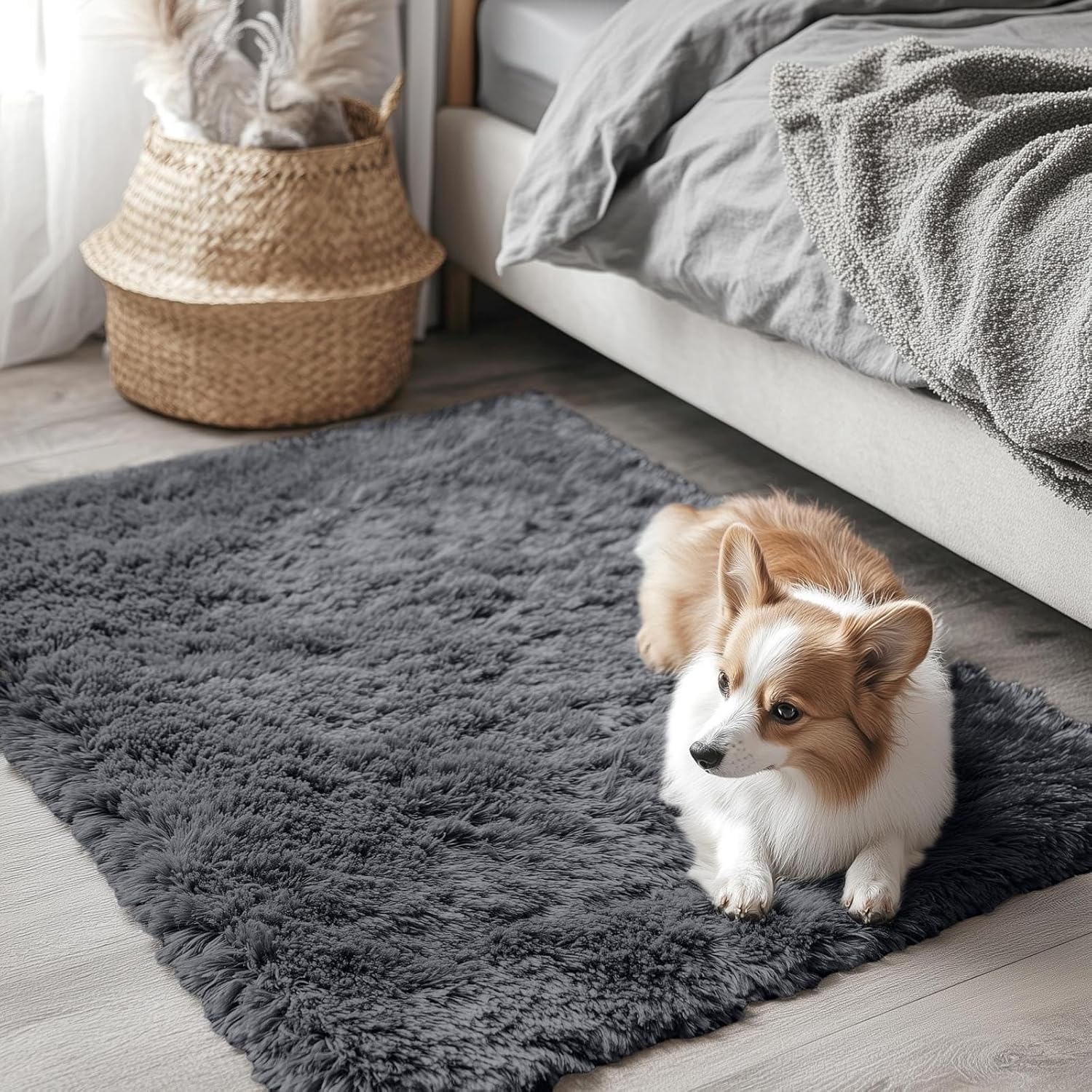 OLANLY Small Bedside Rug - Soft Fluffy Shaggy Indoor Carpet for Bedroom & Nursery | Grey 2x3 ft