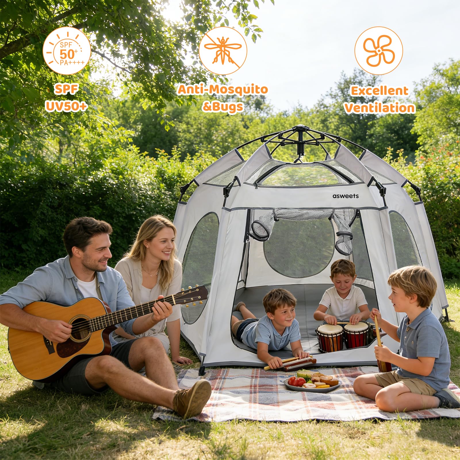 Asweets 4 in 1 Pop Up Playpen Indoor and Outdoor Portable, Lightweight Baby Playpen with Travel Bag,Baby Beach Tent and Play Toddler Play Yard Canopy(Light Grey)
