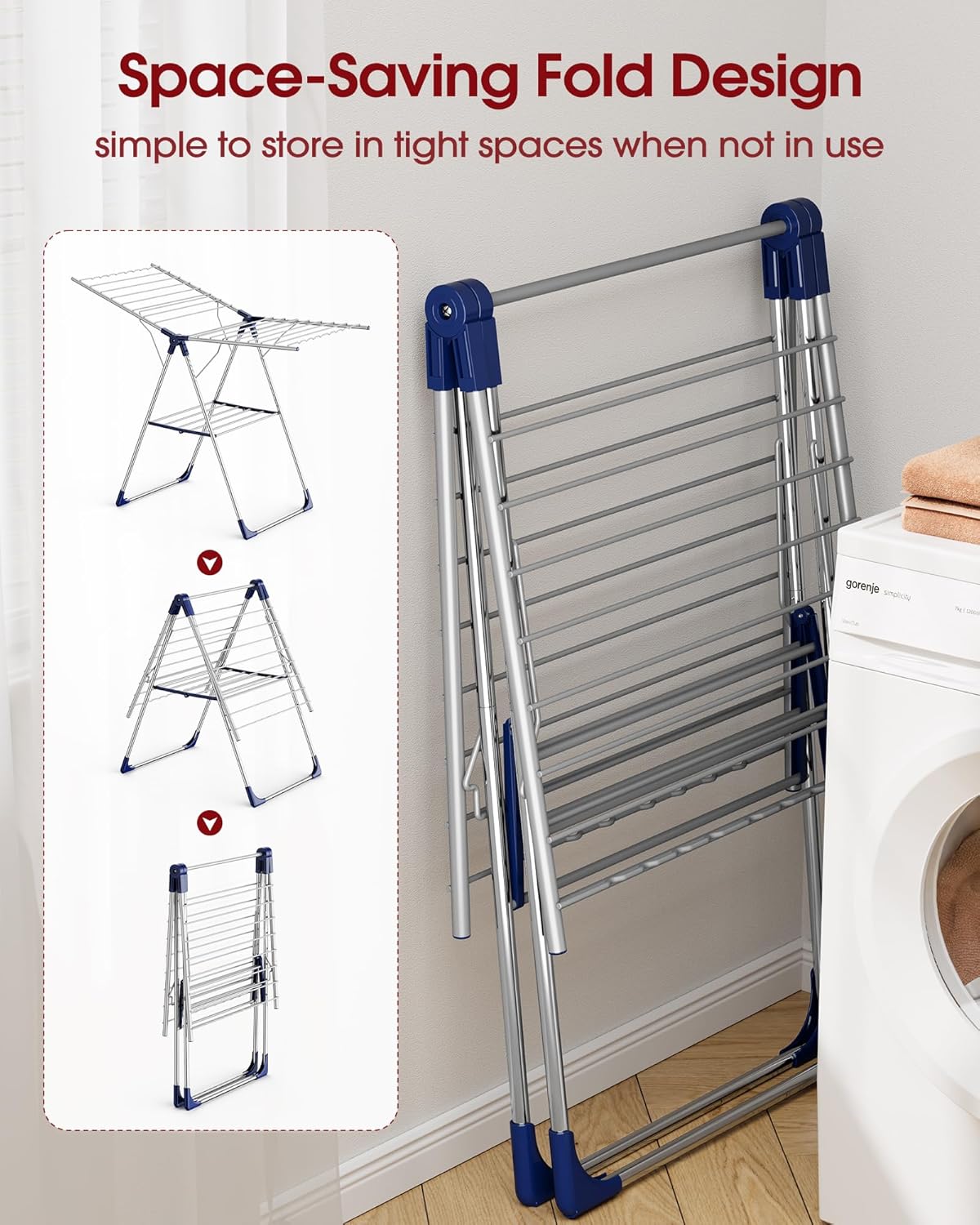 Sakugi Clothes Drying Rack - Height-Adjustable Metal Laundry Stand for Indoor & Outdoor Use | 55.5" L × 22.8" W, Silver Blue
