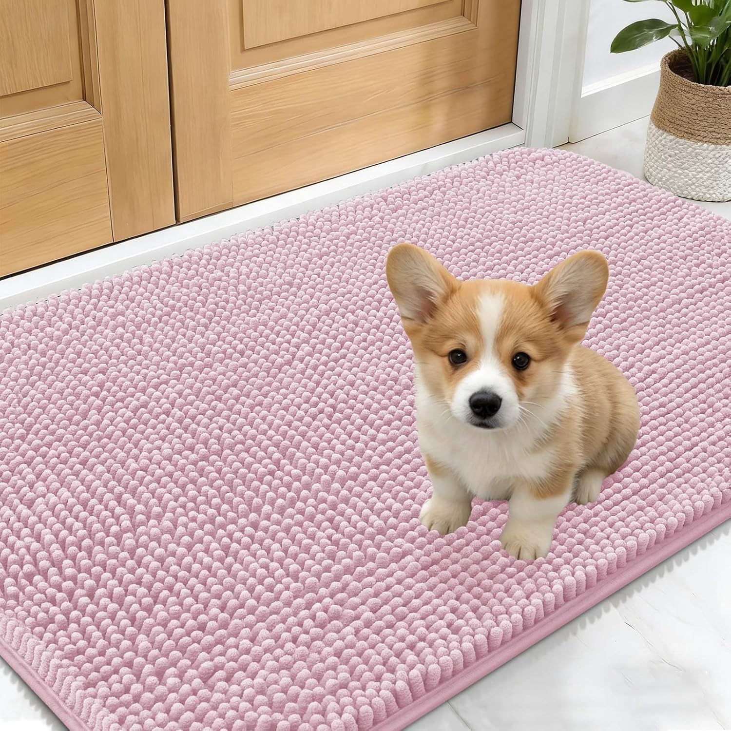 OLANLY Dog Door Mat - Absorbent Non-Slip Chenille Mud Mat for Muddy Paws | 30x17, Dusty Rose