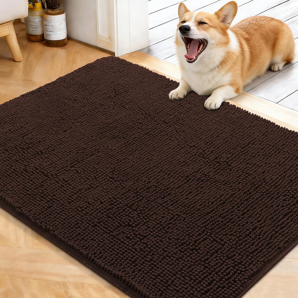 OLANLY Dog Door Mat - Absorbent Non-Slip Washable Doormat for Muddy Paws | 40x32 Brown Chenille Carpet