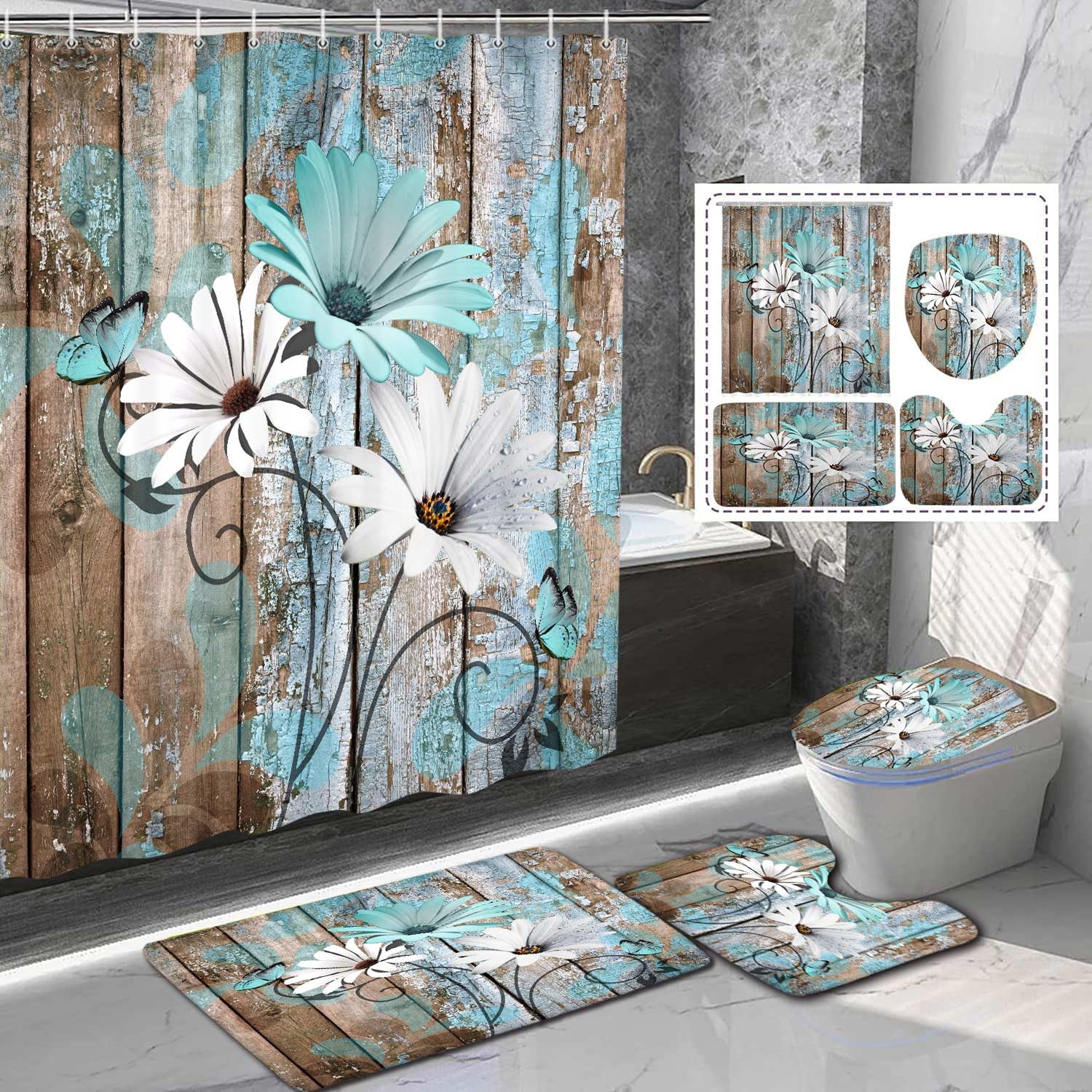 JAWO 4 Piece Teal Daisy Flower on Rustic Wooden Plank Country Style Shower Curtain Sets with Non-Slip Rugs, Toilet Lid Cover and Bath Mat, Shower Curtain with 12 Hooks