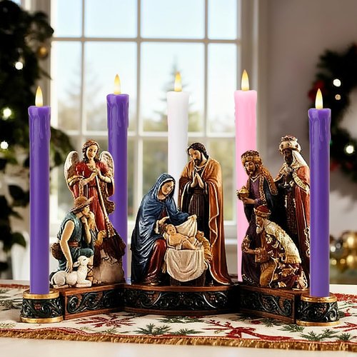 Lezonic Flameless Advent Candles - Battery Operated Set of 5 Wax Taper Candles for Christmas Decor | 3 Purple, 1 Pink, 1 White