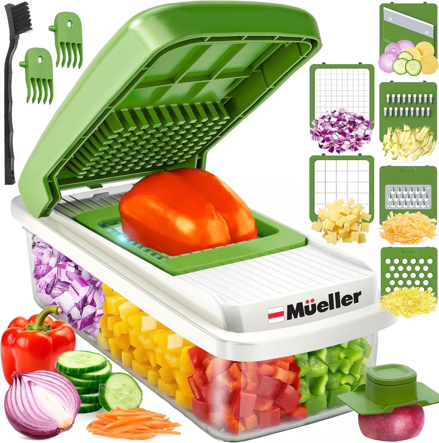 Mueller Vegetable Chopper - Mandoline Slicer & Cheese Grater with Container | White Sand/Green