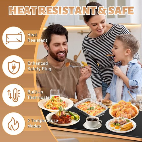 Electric Warming Trays for Buffets Party (XXL 39"x13"), Food Warmers for Parties Buffet with Thermostat & Full Surface Heating, Tempered Glass Warming Mat for Food, Temperature Adjustable Gold Handles