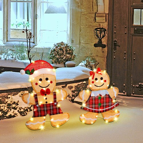 Joliyoou Christmas Yard Decoration, Set of 2 Pre-lit Gingerbread Man with 50 Warm White Lights, 2D Gingerbread Man Couple for Xmas Front Door Indoor Outdoor Lighted Holiday Displays