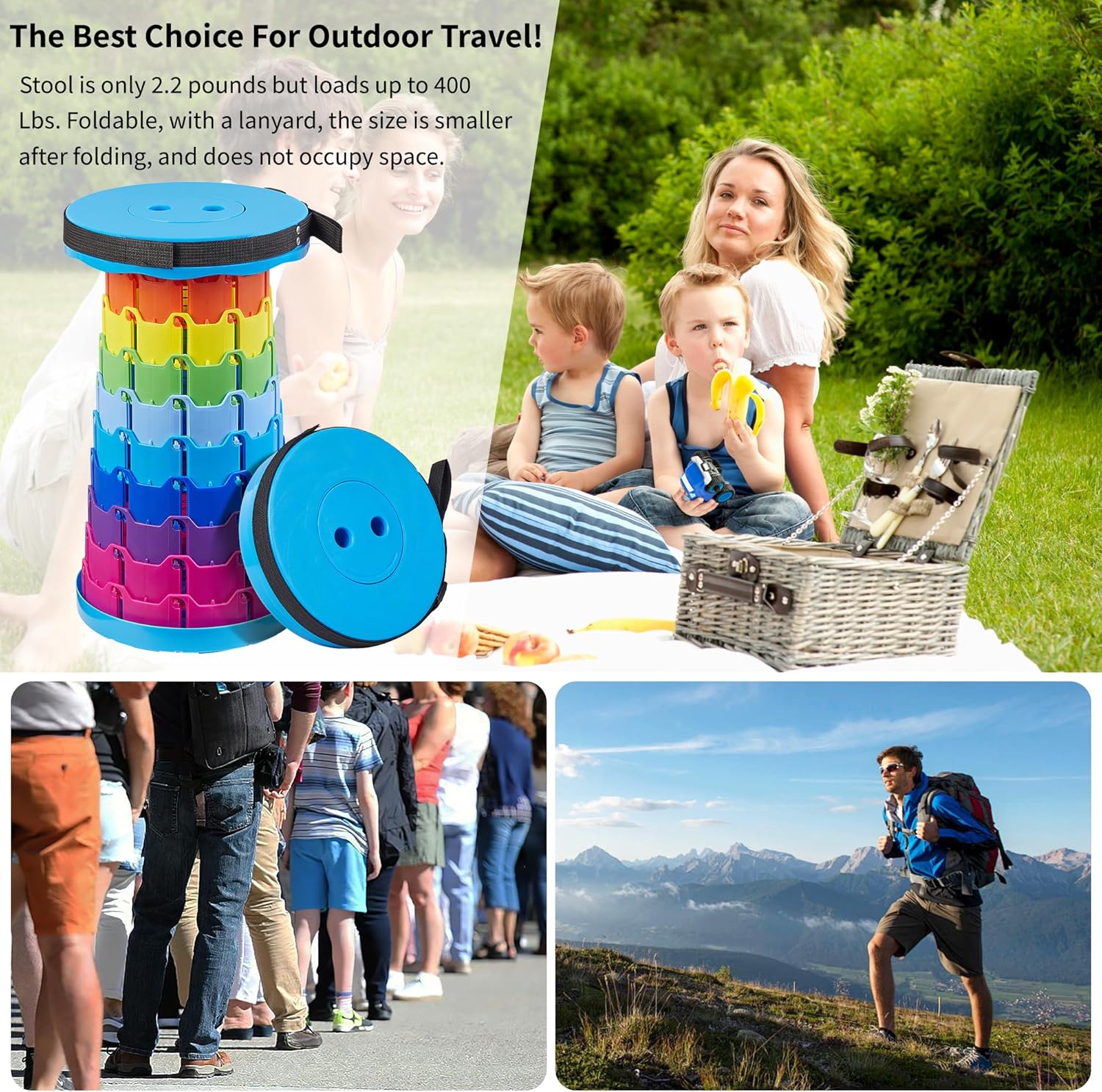 VECELO Telescoping Folding Stool - Portable Collapsible Design | 400lbs Capacity, Rainbow Blue