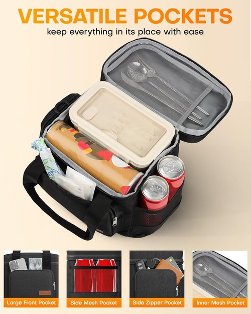 HOTOR Insulated Lunch Box - Leak-Proof Cooler Bag with Adjustable Strap | 8L, Black, Ideal for Office & Outdoor Use