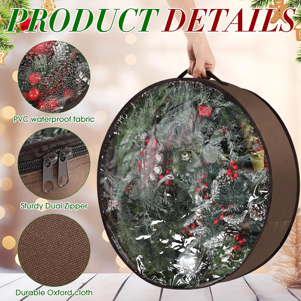 Skiennix Wreath Storage Container - 36 Inch Christmas Wreath Box with Clear Window & Handles, Brown