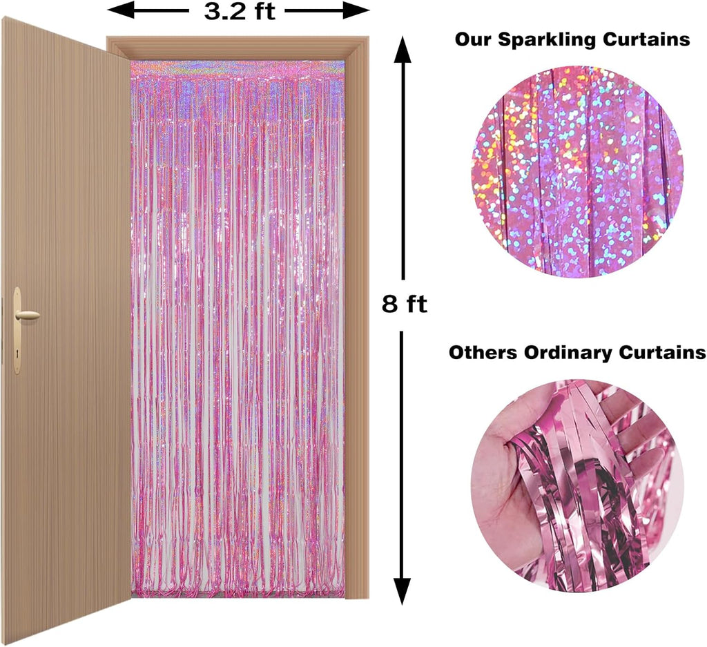 Melsan Pink Foil Fringe Curtain - Shiny Tinsel Backdrop for Bachelorette Parties | 3 Pack, 3.2 x 8.2 ft