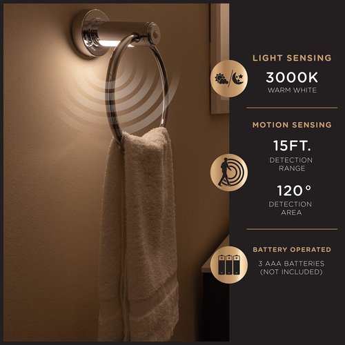 Enbrighten Towel Ring, Motion Sensing, Night Light, Battery Operated, Bathroom Lighting, Towel Holder, Hand Towel Holder, Towel Hanger for Bathroom, Kitchen, Chrome, 77235-P1