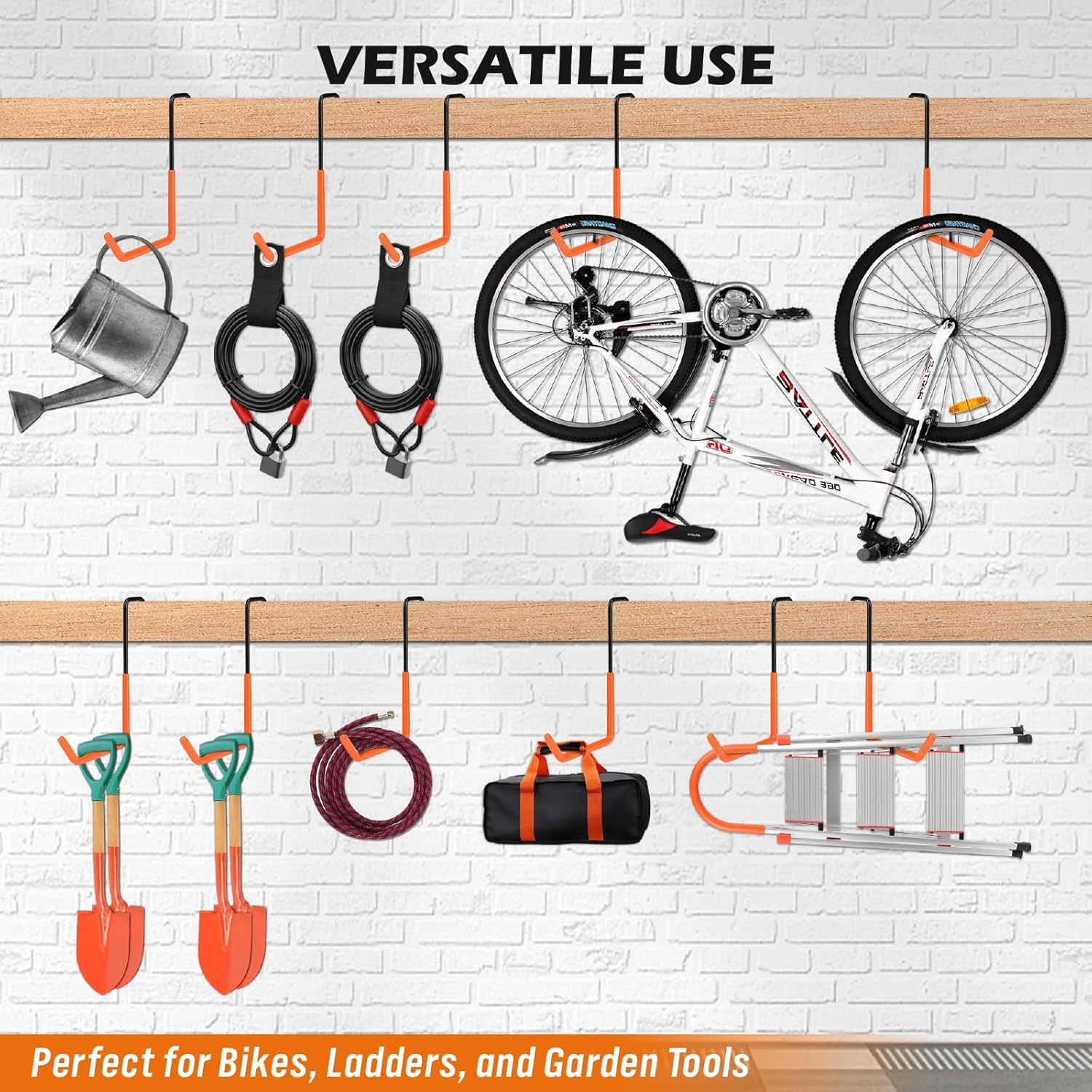 Skiennix Heavy Duty Rafter Hanger Hooks - 6-Piece Set with 2 Extension Straps | Vinyl Coated Metal Garage Organizer (Orange)