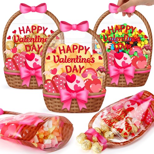 Fuutreo 25 Pcs Valentine's Day Gift Bags Heart Basket Treat Bags with Handles Reusable Plastic Favor Pouches for Holiday Candy Wrapping, Party Goodie Supplies, and Romantic Gift Decor(Pink Heart)
