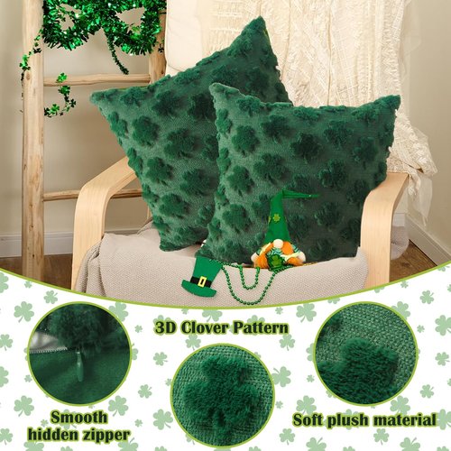 Eliluoni St Patricks Day Pillow Covers, 18x18 Inch Set of 2 Green Shamrock Throw Pillows, Soft Plush & Faux Fur Decor for Couch Sofa Bedroom, Holiday Home Decorations