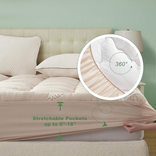 BEDLORE King Mattress Topper - Soft Bamboo Viscose Pillow Top for Back Pain Relief | Fits 6"-18" Mattresses - Beige