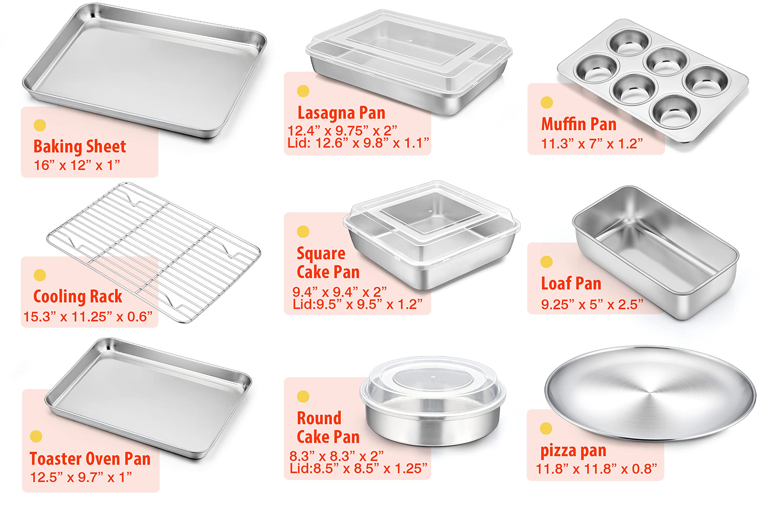 TeamFar Stainless Steel Bakeware Sets, Baking Sheet with Rack, Toaster Oven Pan & Pizza Pan, Lasagna Pan with Lids, Square & Round Cake Pan with Lids, Muffin & Loaf Pan, Healthy