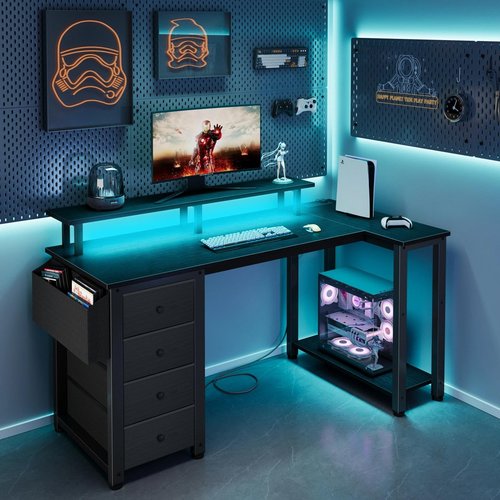 Lufeiya Black L Shaped Desk with Led Lights and Power Outlets, 47 Inch Writing Study Computer Gaming Desks with Fabric Drawers for Bedroom, Home Office Corner Desk with Monitor Stand Shelves, Black