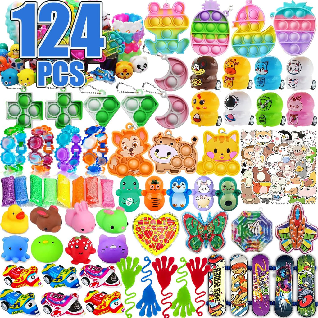 Pebatoor 124 PCS Pop Party Favors - Fidget Treasure Box Toys for Kids | Ideal for Goodie Bags & Pinata Fillers