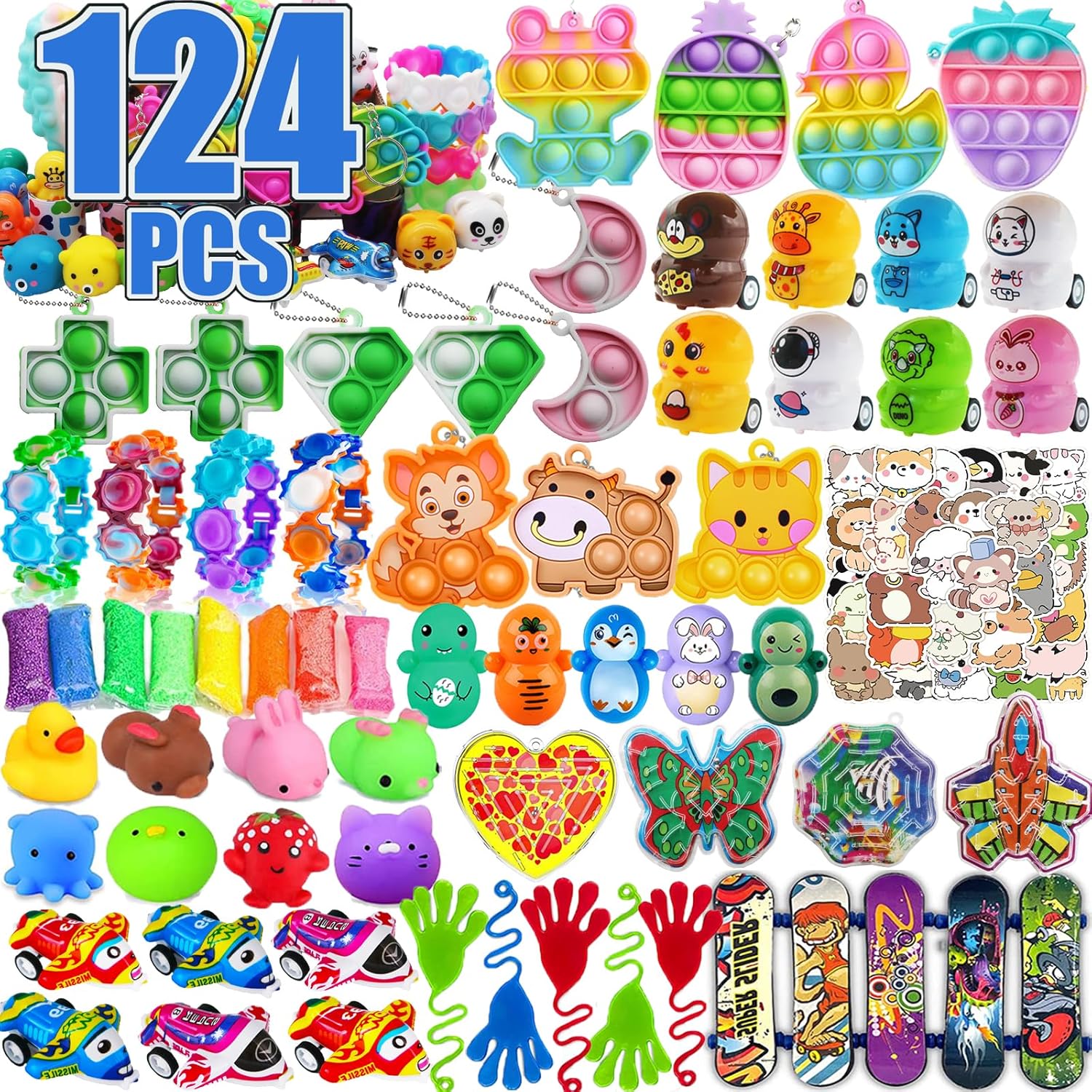 Pebatoor 124 PCS Pop Party Favors - Fidget Treasure Box Toys for Kids | Ideal for Goodie Bags & Pinata Fillers