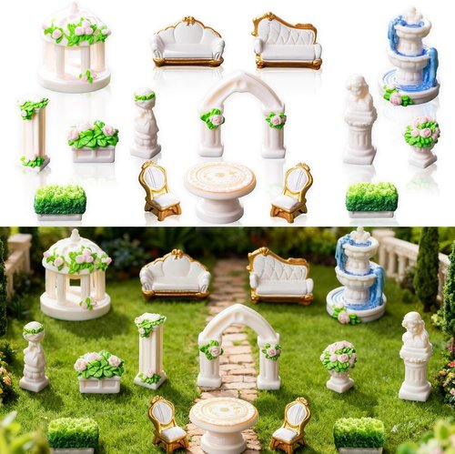 Exasinine Mini Garden Furniture Set - 15 Pcs Micro Resin Patio Ornaments for DIY Fairy Garden Decor