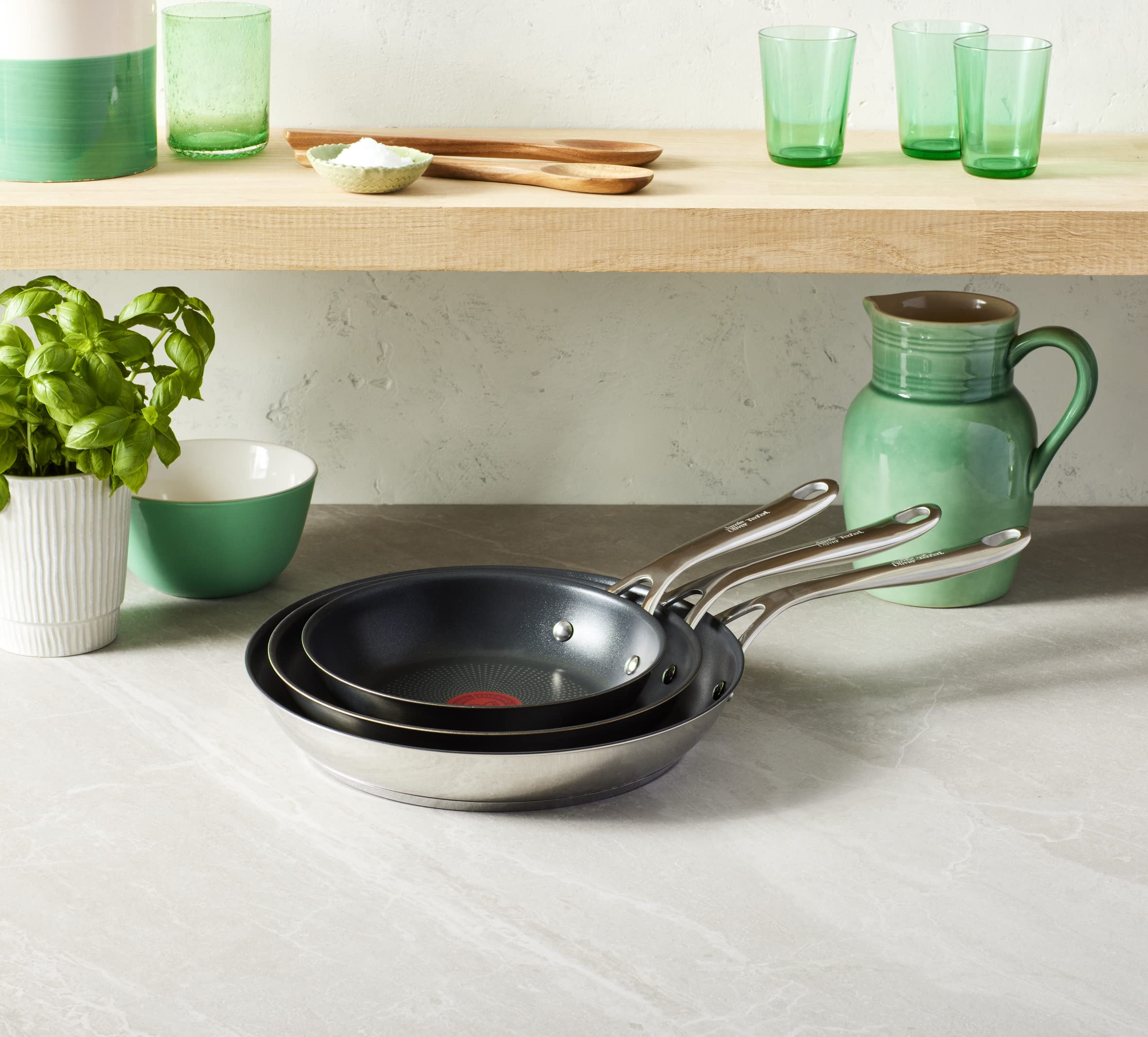 T-Fal x Jamie Oliver Nonstick Coated Stainless Steel Pans 9.5" & 11", Induction Compatible, Oven Safe up to 500°F, Chef's Stainless Steel Skillet, Frying Pan, Silver