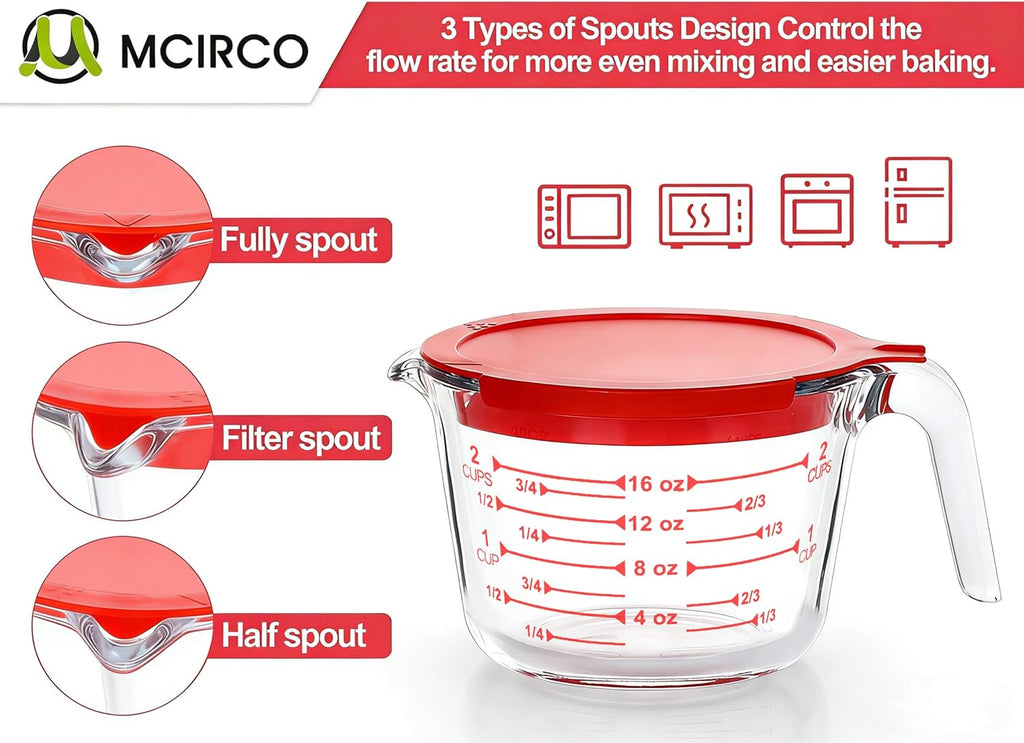 MCIRCO Glass Measuring Cups Set - 6 Pcs with Lids | 1-Cup, 2-Cup, 4-Cup Nesting Jugs for Kitchen Use