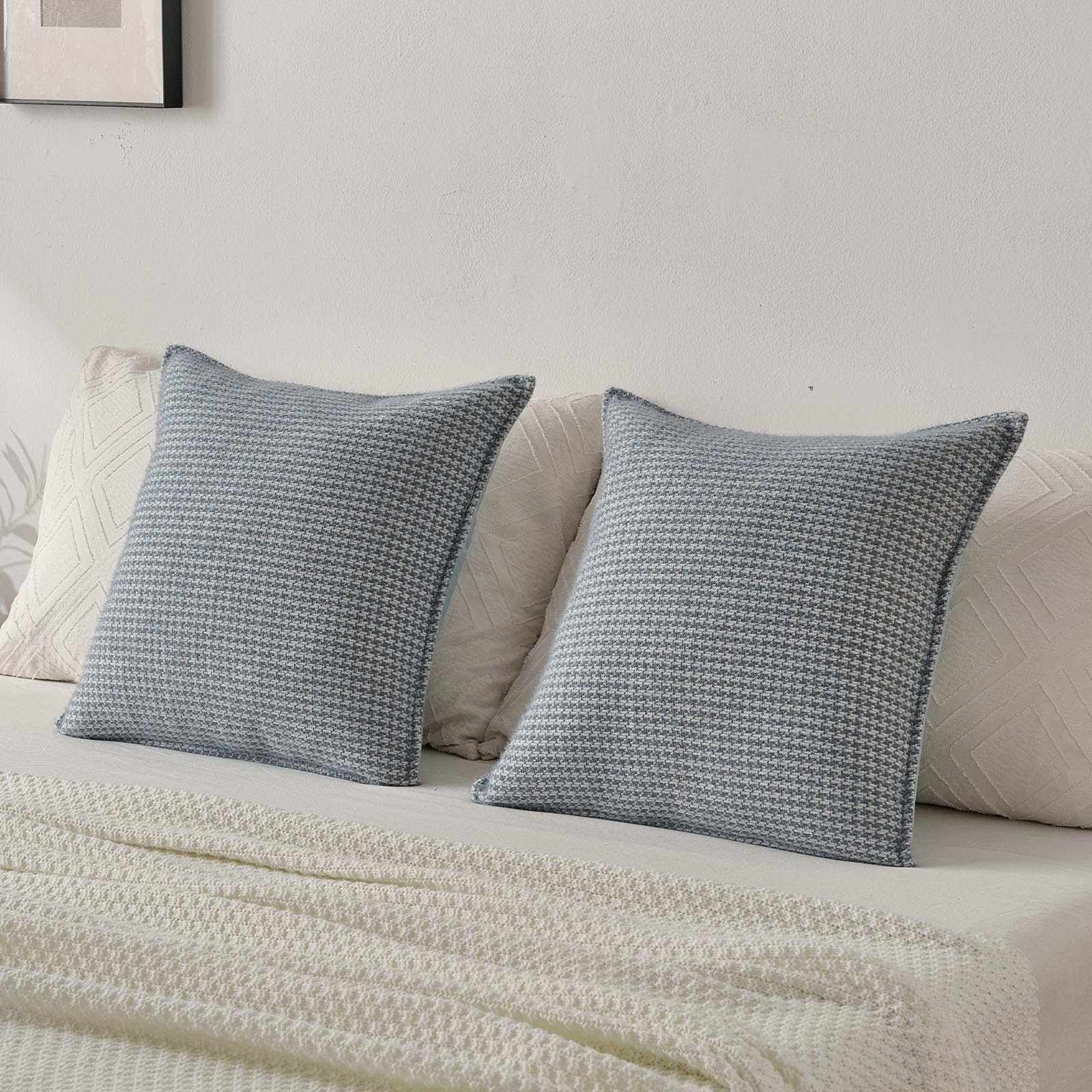 FUTEI Pack of 2 Houndstooth Throw Pillow Covers 18x18 Inch Soft Chenille Gingham Textured Farmhouse Decorative Cushion Case Modern Home Decor for Couch Bedroom Living Room, Grayish Blue
