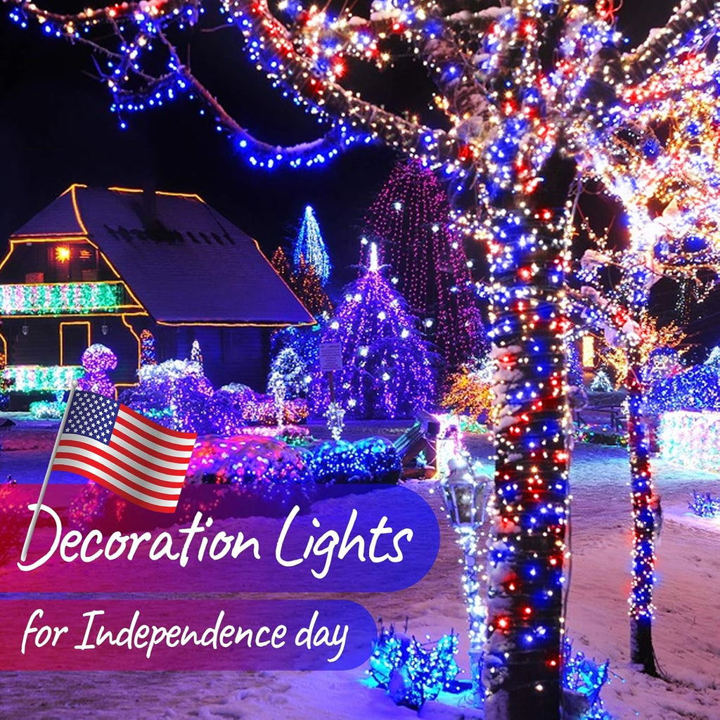 Skiennix Patriotic Mini String Lights - 200 Count 50 Feet Waterproof Red White Blue for 4th of July Decor
