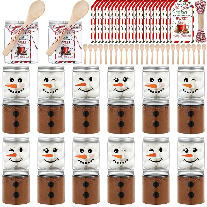 Vesici 24-Piece Christmas Hot Chocolate Bar Supplies Jars with Lids, Spoons & Cards - Snowman Theme