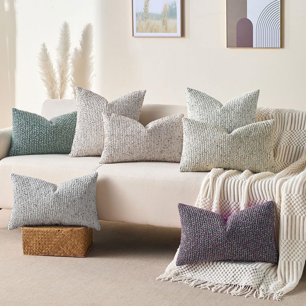 Allorry Decorative Lumbar Pillow Cover 12x20 Blue Striped Soft Wool Lumbar Throw Pillow Neutral Textured Boho Cushion Covers for Modern Farmhouse Sofa Bedroom Living Room Decor SY011-C12