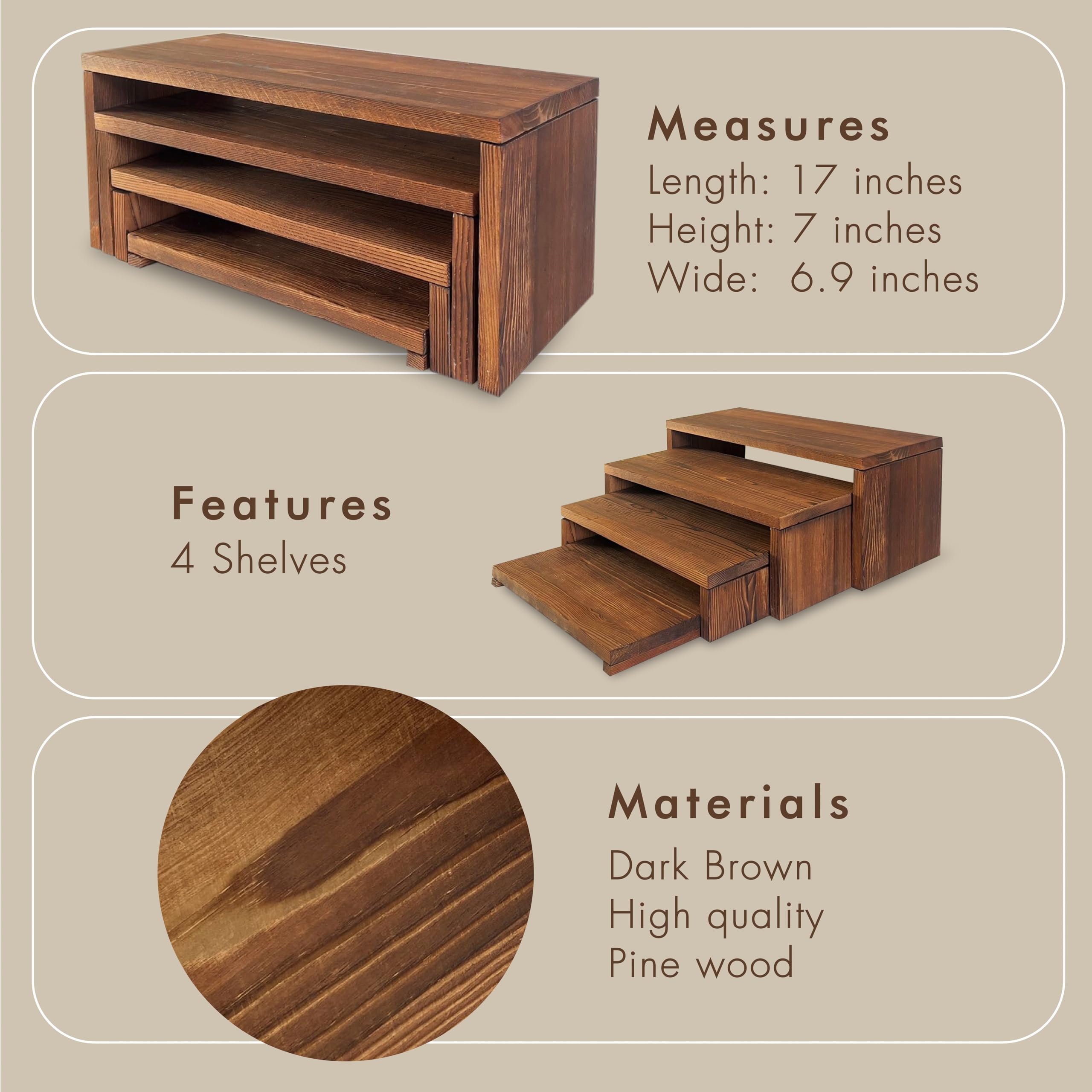 Living By Design LONDON 4-Tier Ultra Wide Wooden Display Stand, Wood Riser for Table Display, No Tools Required, Easy to Assemble, Durable Wood Stands for Dessert Table & Home Deco