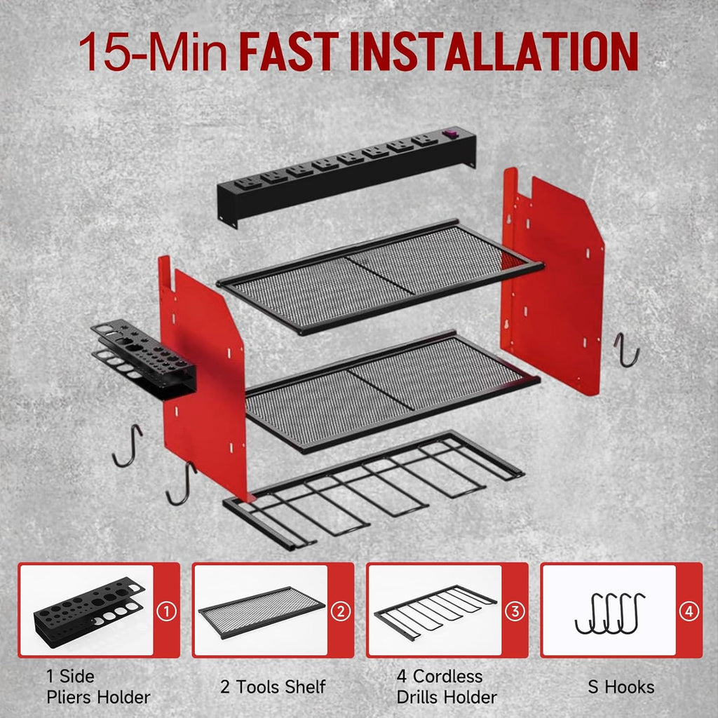 Power Tool Organizer - Heavy Duty Wall Mount Storage Rack with Charging Station | 3 Layers, 4 Drill Holders