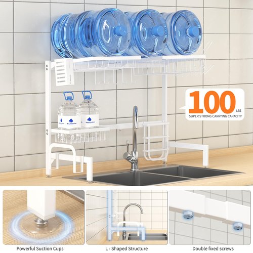 HOTEAGLE Dish Drying Rack for Kitchen Counter 2 Tier Expandable Over Sink Dish Rack, 25.6"-33.5" L x 12.4" W x 20.5" H, White