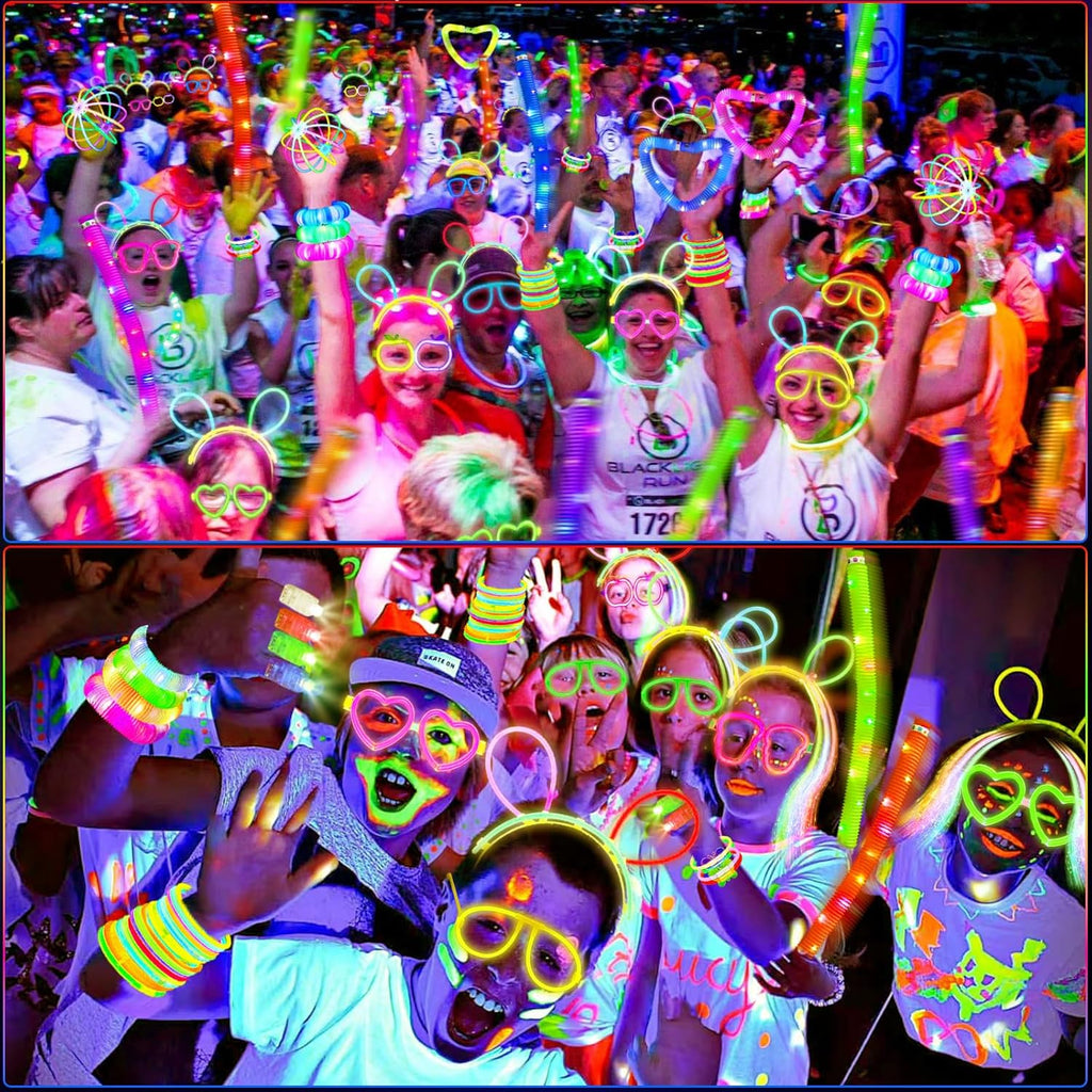 SHQDD Glow in the Dark Party Supplies - 100 LED Light Up Toys & 27 Carnival Accessories for Kids & Adults