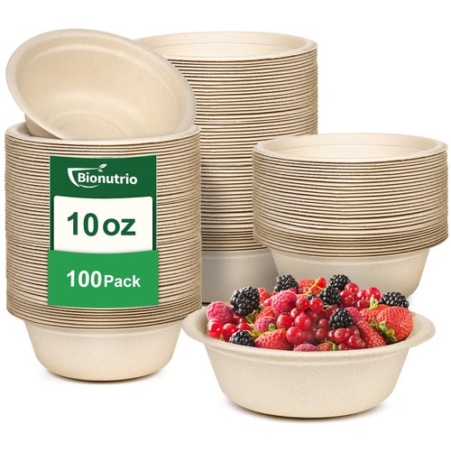 Bionutrio Paper Bowls 10 oz, 100 Pack Small Disposable Bowls, Heavy Duty Paper Bowls for Hot Soup, Salad, Dessert, 100% Compostable Biodegradable Microwavable Safe