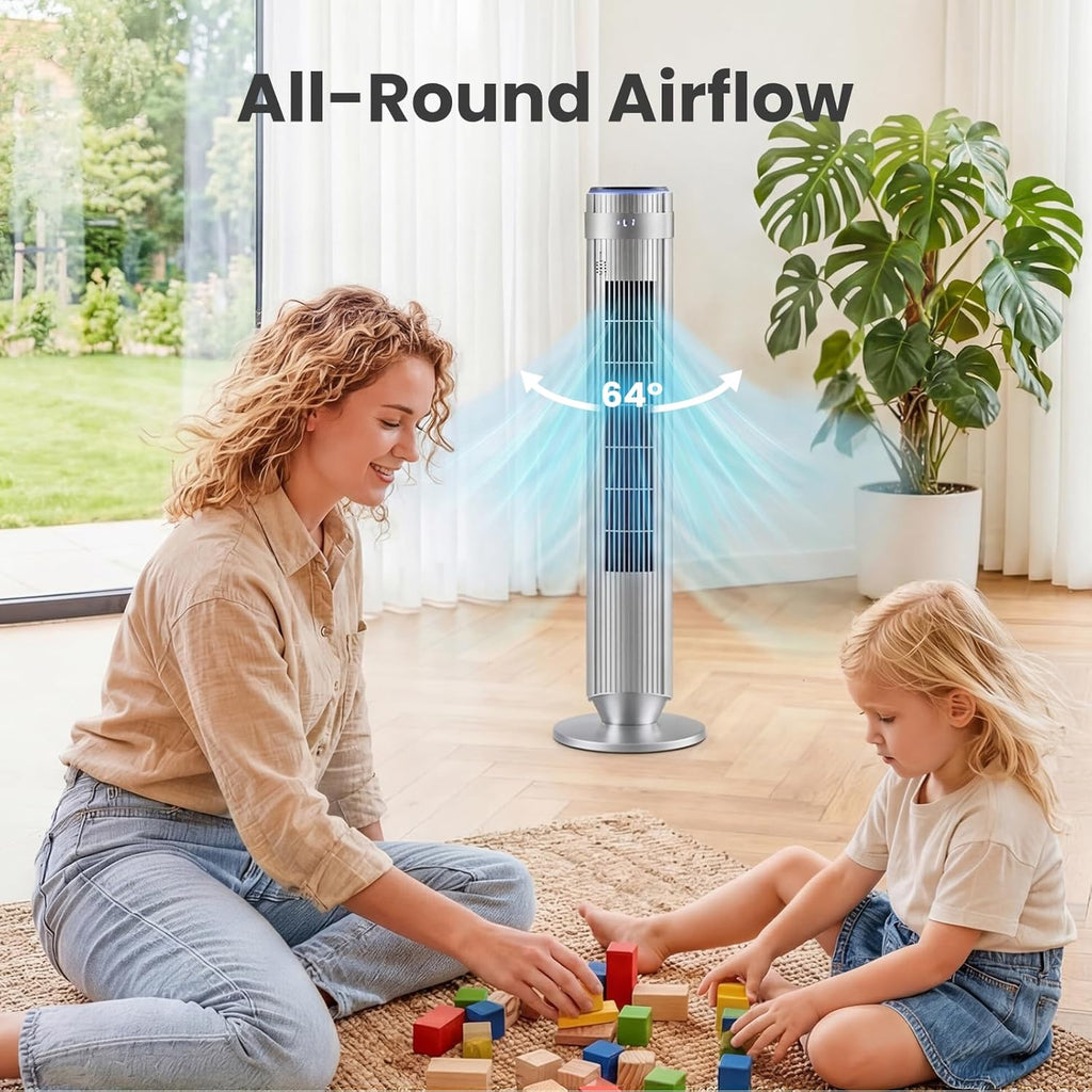 NEWBULIG Bladeless Tower Fan - Oscillating Design with Remote, 5 Speeds, 28dB Quiet Operation, Silver