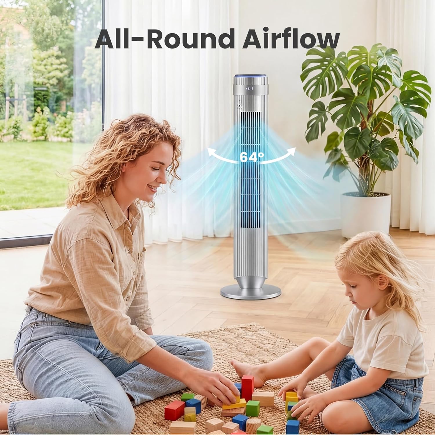 NEWBULIG Bladeless Tower Fan - Oscillating Design with Remote, 5 Speeds, 28dB Quiet Operation, Silver