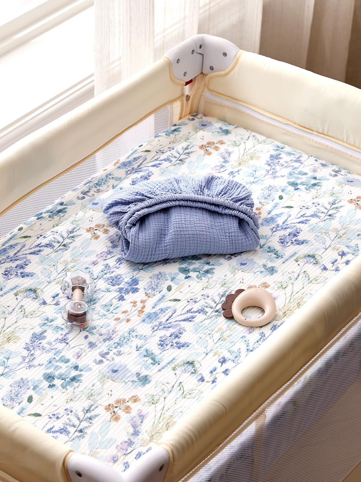TILLYOU Muslin Mini Crib Sheets 2 Pack, Pack and Play Mattress Sheets Fitted for Pack N Play, 38'' x 26'' Sheet for Toddler, Blue Flower