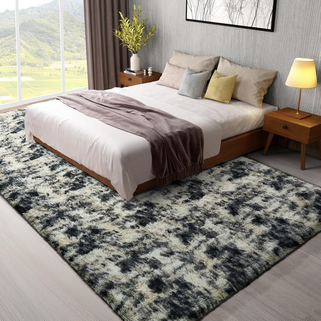 Ophanie Area Rug - Fluffy Black, Gold & Grey Shag Carpet for Living Room | 8x10 Soft Plush Design
