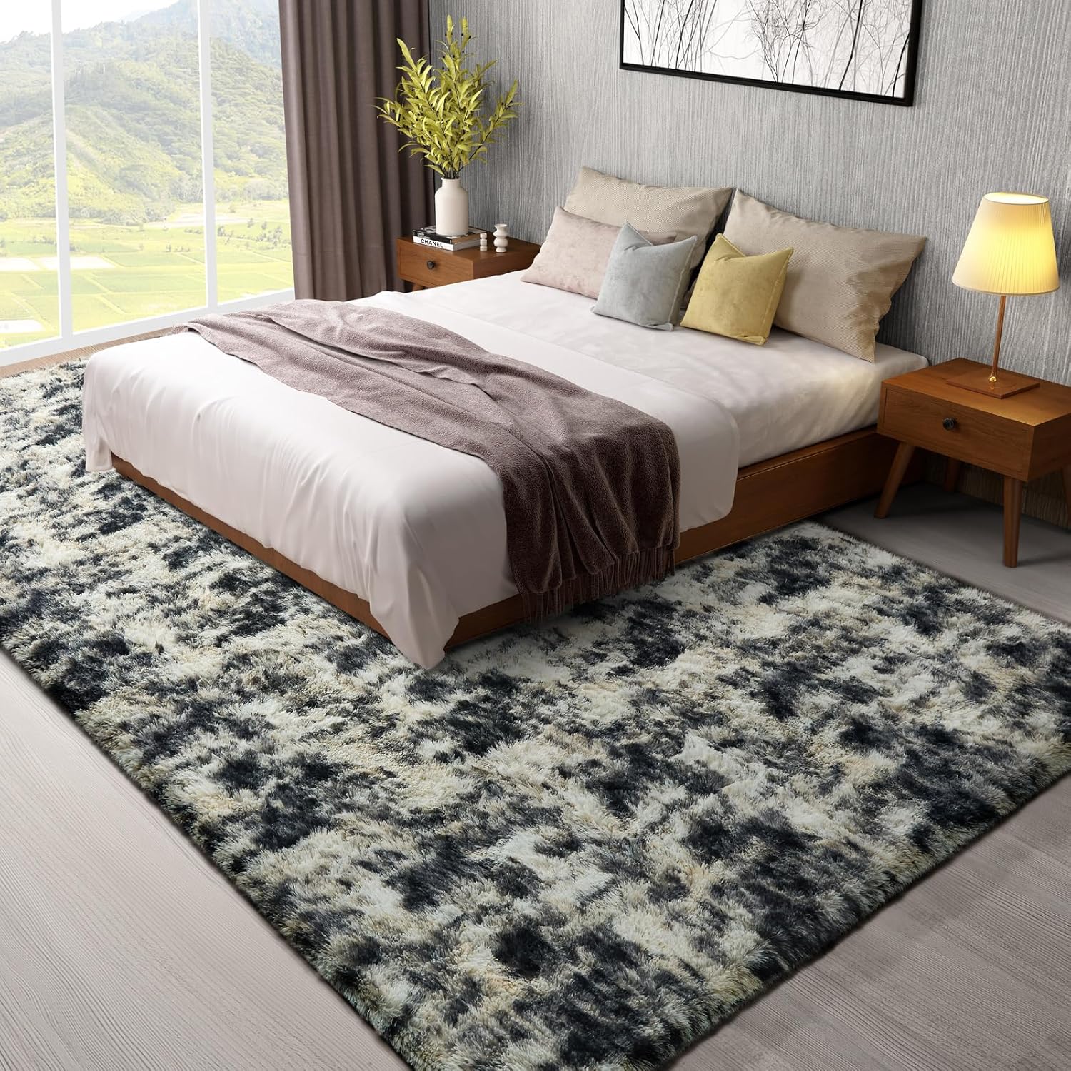 Ophanie Area Rug - Fluffy Black, Gold & Grey Shag Carpet for Living Room | 8x10 Soft Plush Design