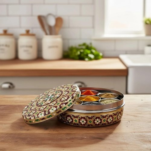 LOVENSPIRE Stainless Steel Meenakari Spice Box Organizer (7 Inch) with 7 Compartments Cups Set - Round Masala Dabba Container with Lid for Kitchen Herbs Storage, Housewarmings & Indian Return Gift
