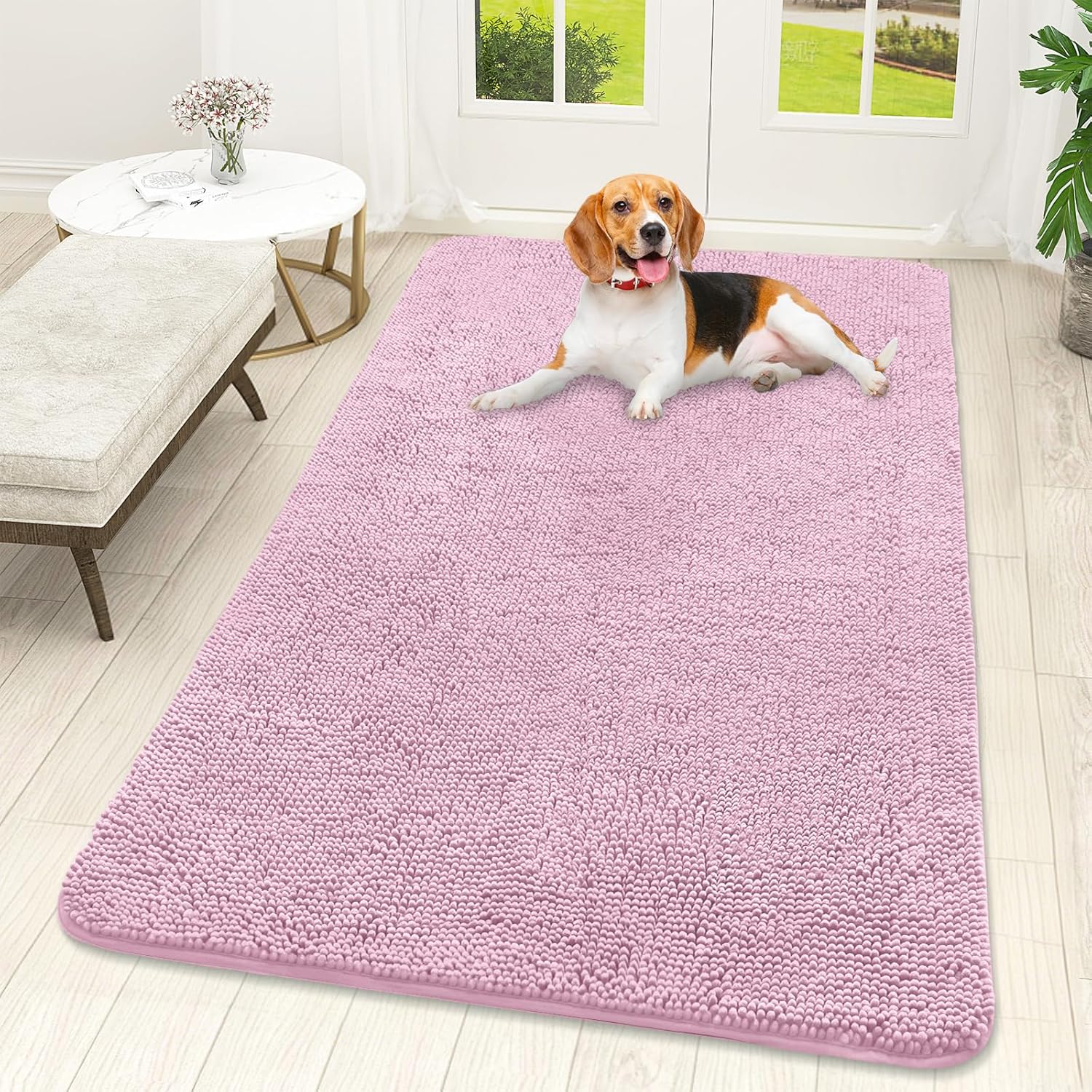OLANLY Dog Door Mat - Absorbent Non-Slip Mud Mat for Indoor Use | Quick-Dry Chenille, 59x32, Dusty Rose