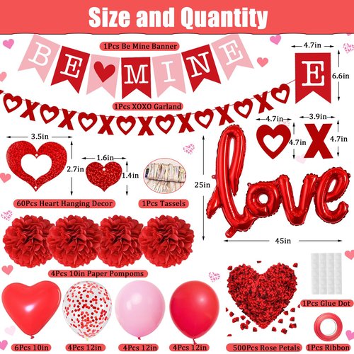 Red Valentines Day Decorations, BE MINE Banner and Heart Hanging, Heart XO Garlands, Red Paper Pompoms, Rose Petals, Love Foil Balloons with Valentines Balloons, for Wedding Anniversary Party Decor
