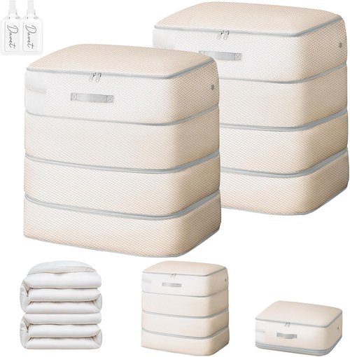 Comforter Storage Bag - 130L Large Capacity Washable Compression Organizer | 4-Layer Space Saving, 2-Pack, Beige