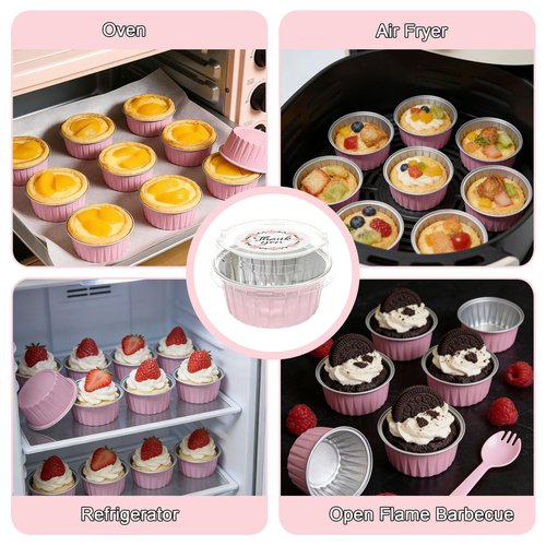 100 PCS Aluminium Foil Baking Cups, Mini Cake Pans with Lids and 100 PCS Spoons, 5 oz Disposable Baking Cups Foil Ramekins For Party Birthday Wedding Valentines (Pink)
