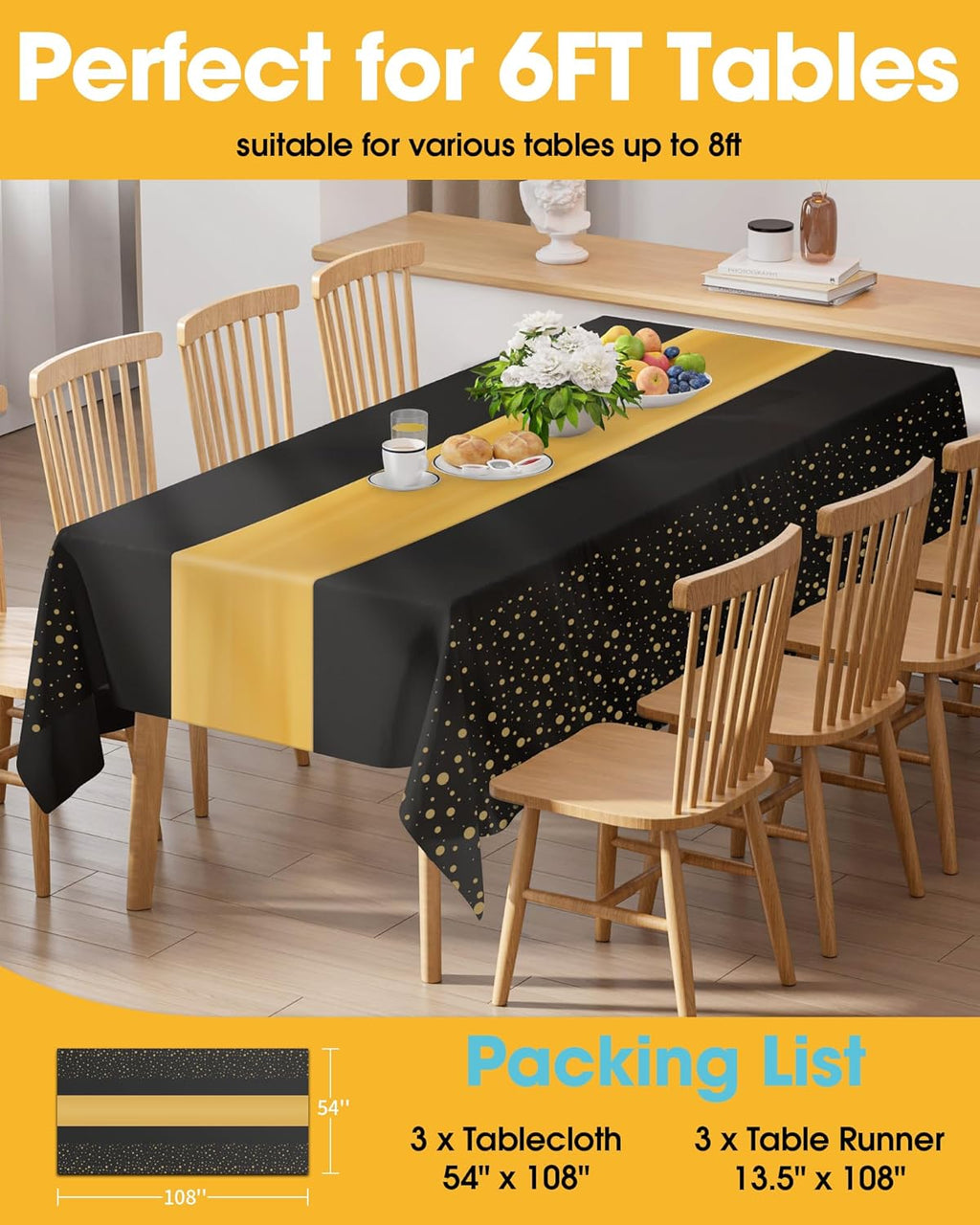Niuara Table Cloth Set - Black and Gold Disposable Rectangle Table Covers | 3 Tablecloths & 3 Runners for Events