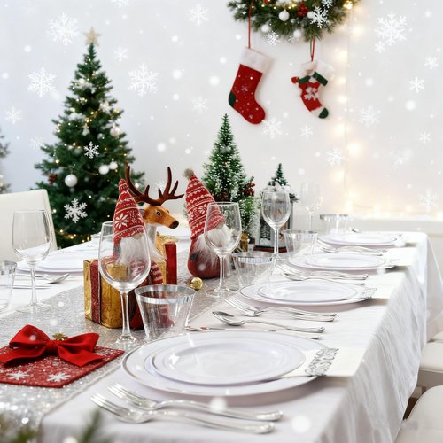 Supernal 400pcs Silver Plastic Dinnerware Set Heavy Duty Disposable Plates Include Silver Plastic Dessert Plates,50 Spoons & Knives & Cups & Napkins & 100 Forks,Prfect For Party and Wedding