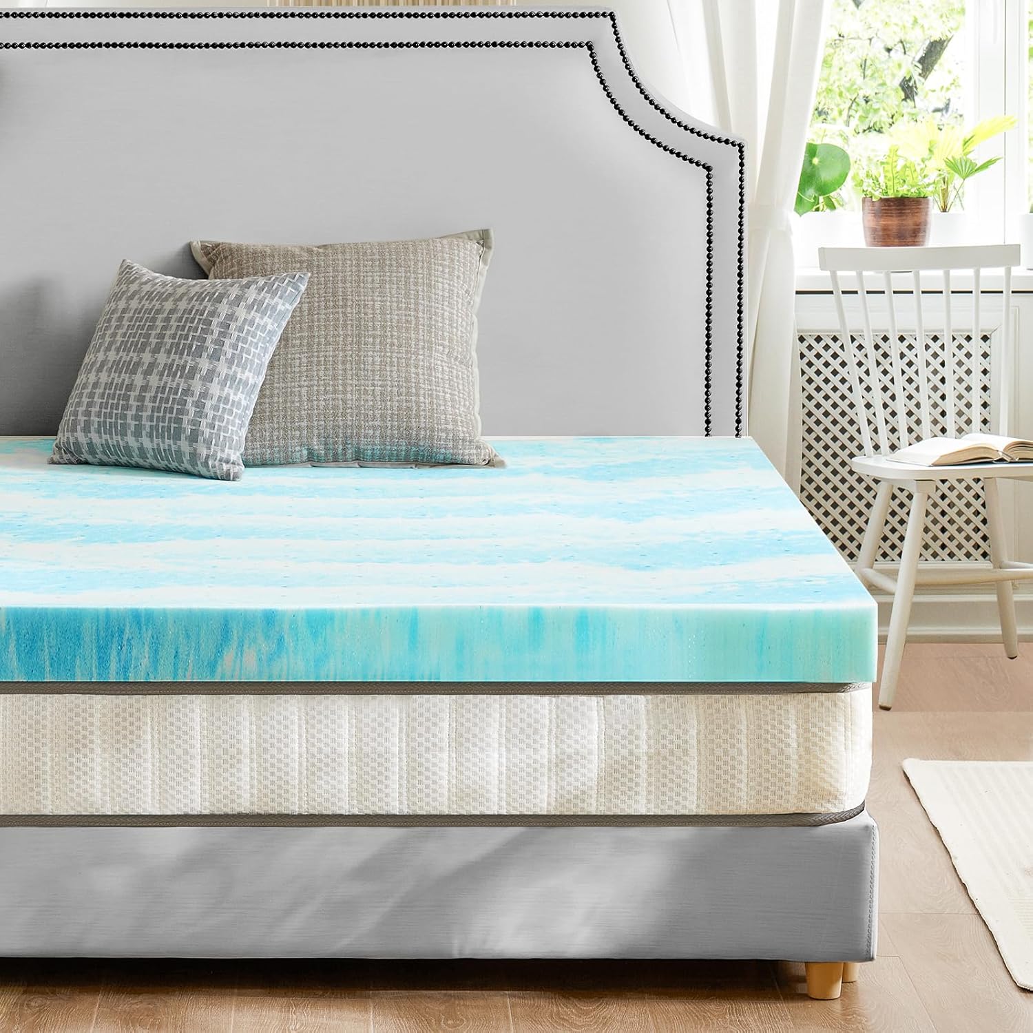 Sweetcrispy Mattress Topper - Cooling Gel Infused Memory Foam | 2 Inch Thick Queen Size Bed Pad - Blue