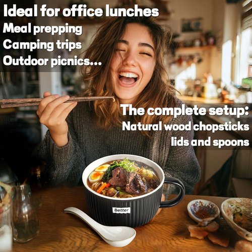 Artena 38 oz Soup Bowls - Large Microwave Safe Ceramic Ramen Bowls with Handles & Lids | Black, Set of 1